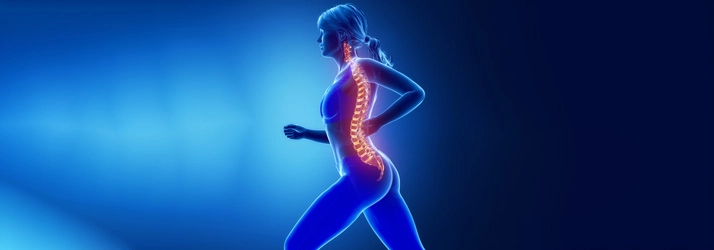 A digital illustration of a person running, highlighting the spine in a glowing orange color against a blue background, emphasizing posture and spinal health.