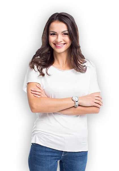 Person in casual attire with arms crossed, wearing a white t-shirt and jeans, isolated on a white background.